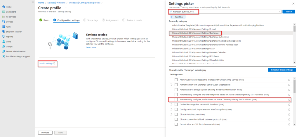 Outlook account settings – automatic profile configuration enabled